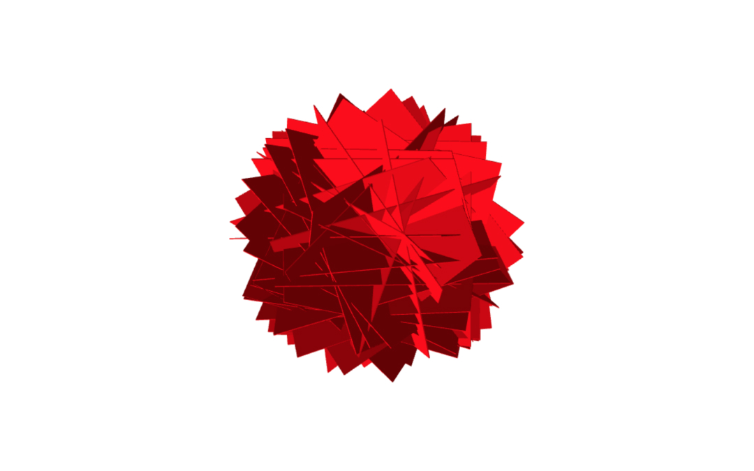 CI-04: Sphere of dozens of red, interpenetrating boxes on a white ground