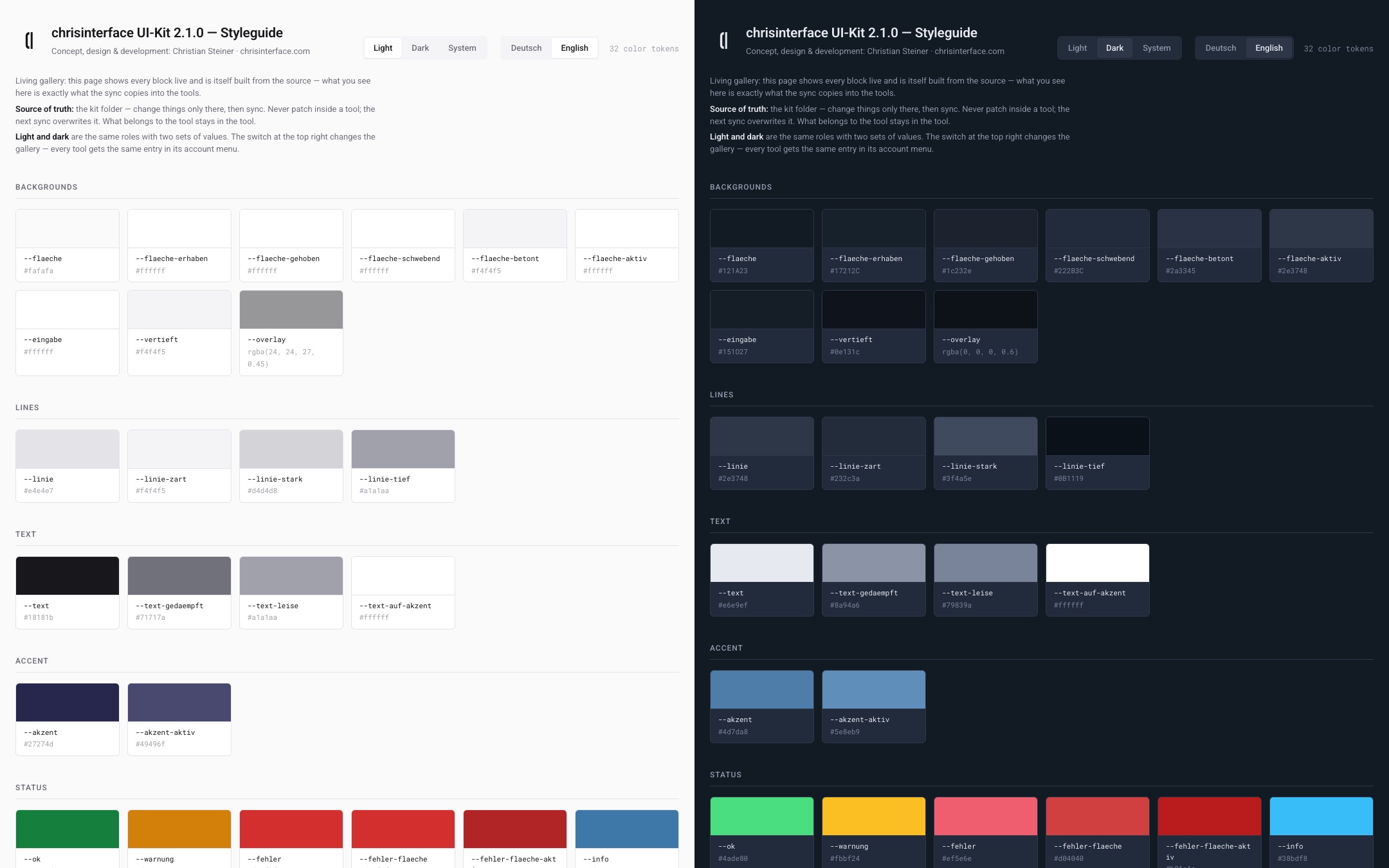 The UI Kit gallery, light on the left, dark on the right: color roles, type sizes and blocks